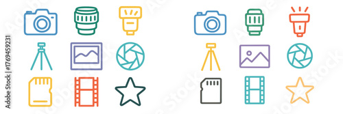 Colorful icons representing various photography tools and accessories arranged in a neat grid format for educational purposes