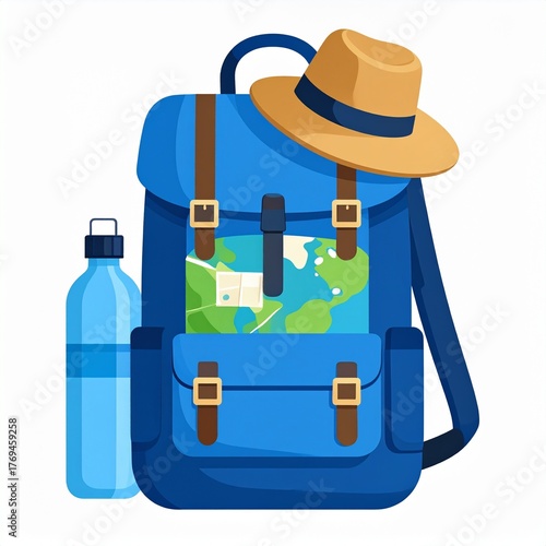 Backpack, Hat, Water Bottle, Travel Illustration.