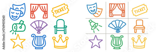 Colorful illustrations of theater motifs including tickets, masks, and performance elements on a simple background