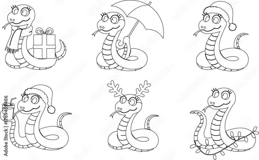 Obraz premium Collection of Festive Snake Cartoons Snakes with Presents, Umbrella, Christmas Hat, Reindeer Antlers