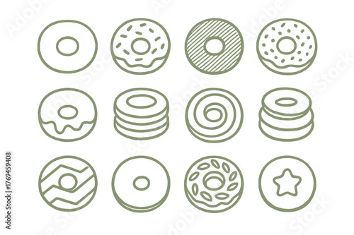 Unique hand-drawn donut designs featuring various shapes, patterns, and toppings arranged in a grid layout
