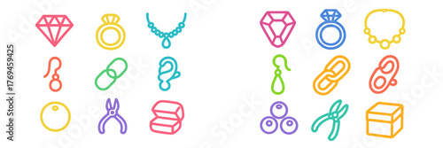 Colorful jewelry and tools icons arranged in a neat pattern on a white background showcasing various decorative items for design applications