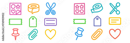 Colorful collection of icons depicting various office and craft supplies for creative projects