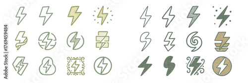Design concepts featuring various lightning bolt symbols in multiple styles and orientations for creative projects