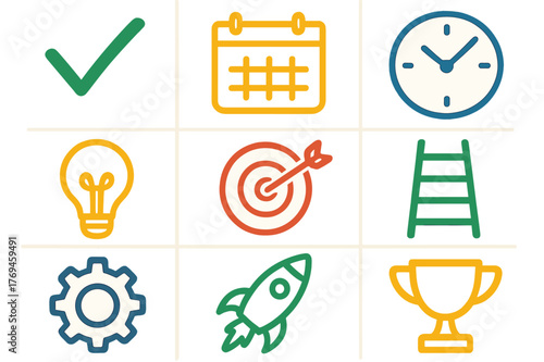 Colorful icons representing productivity, time management, and goal setting arranged in a grid layout