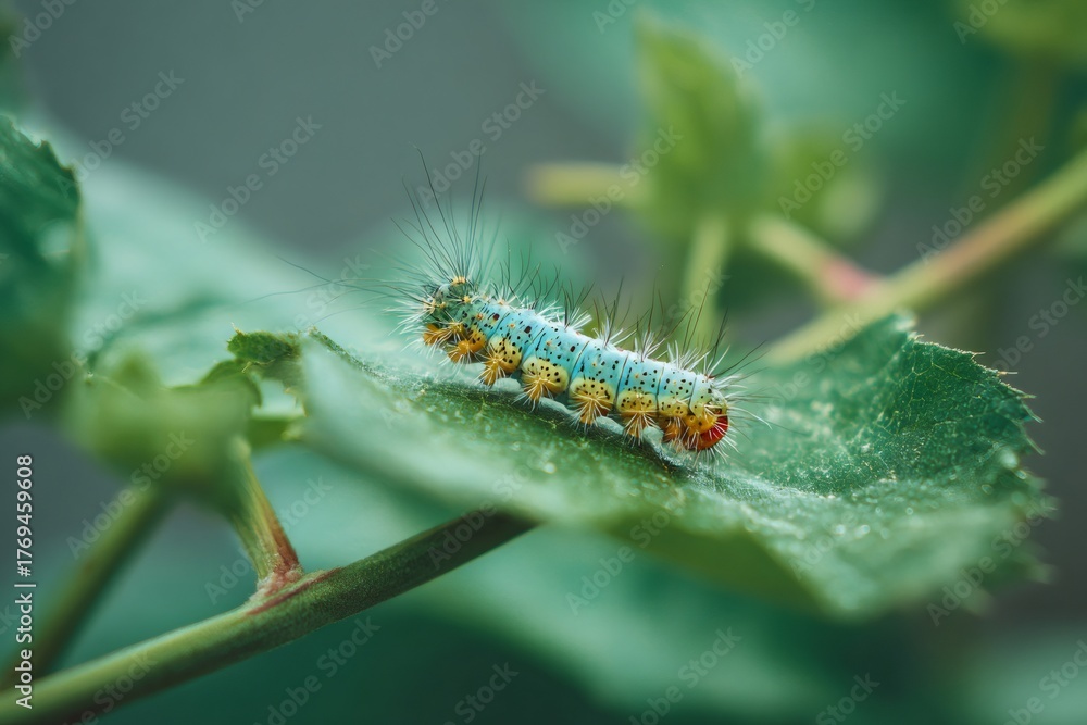 Naklejka premium Colorful hairy caterpillar crawling on green leaf
