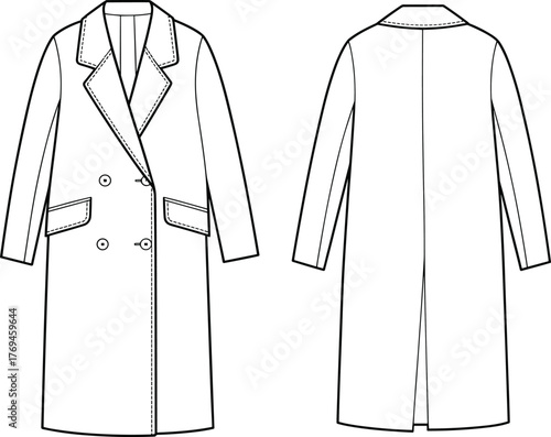 Women’s long coat fashion flat sketch, double-breasted trench coat technical drawing, vector apparel template, overcoat design illustration, sewing pattern for clothing design