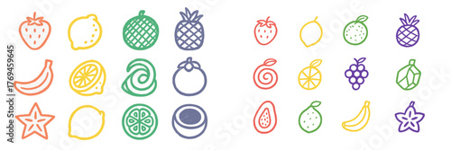 Colorful collection of hand-drawn fruits with playful designs showcasing their shapes and unique features