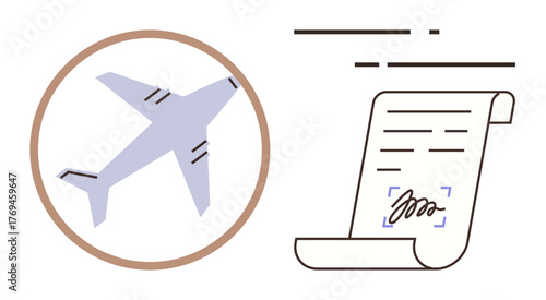 Airplane within circular frame beside signed legal document with signature. Ideal for aviation law, travel contracts, compliance, transport policies, international agreements, air travel, logistics