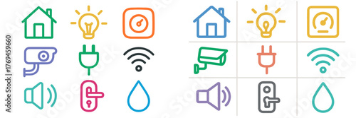 Grid of colorful smart home icons representing various devices and services for home automation and security