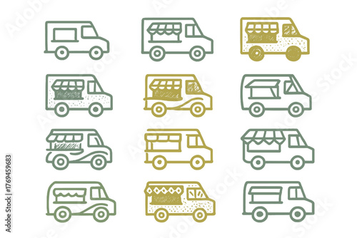 Colorful illustrations of food trucks in various designs and styles for a dynamic street food scene