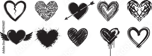 Vector art of assorted black heart shapes with grunge and handdrawn effects