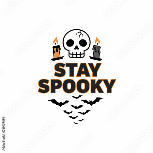 "Stay Spooky" text with skull, candles, and bats, in a Halloween-themed design.
