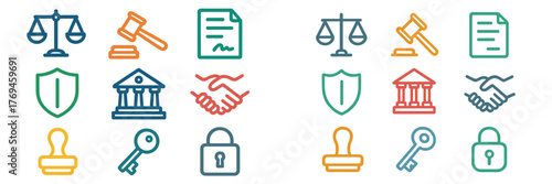 Legal symbols illustrating justice, law, and security concepts in colorful design