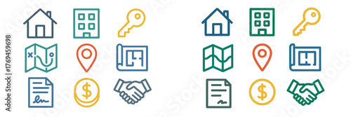 Real estate symbols representing homes, buildings, maps, keys, and contracts in a creative layout