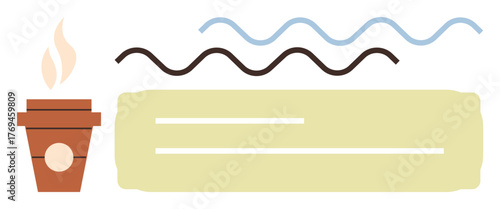 Steaming coffee cup next to wavy lines and a rectangular text space. Ideal for productivity, creativity, organization, communication, branding, relaxation, focus. Perfect for a simple flat metaphor
