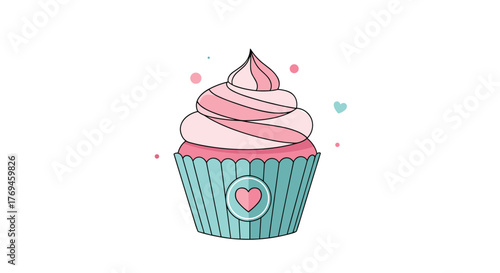 A cute vector illustration of a sweet pink and teal cupcake with swirled frosting, a heart emblem, and playful sprinkles, perfect for romantic and celebratory themes.