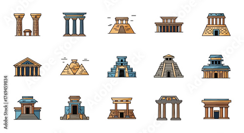 Set of Ancient Civilization Architecture and Landmark Icons.