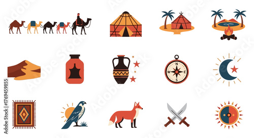 Set of Arabian Desert Culture and Nomad Life Icons.