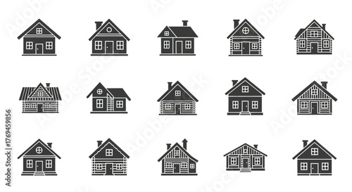 Set of Black and White Rustic Wooden House Illustrations.