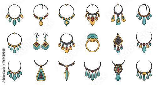 Set of Bohemian Necklaces Earrings and Ring Illustrations.