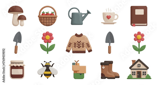 Set of charming cottagecore lifestyle and gardening icons.