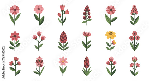 Set of eighteen stylized folk art inspired floral elements.