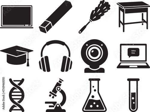 Education and Science Elements in Black and White Vector Illustration