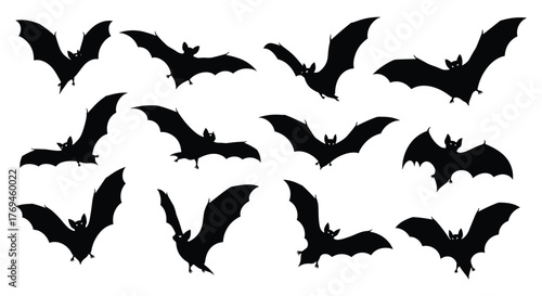 A collection of black bat silhouettes in various flight poses, creating a spooky and nocturnal atmosphere, perfect for Halloween designs or wildlife themes.