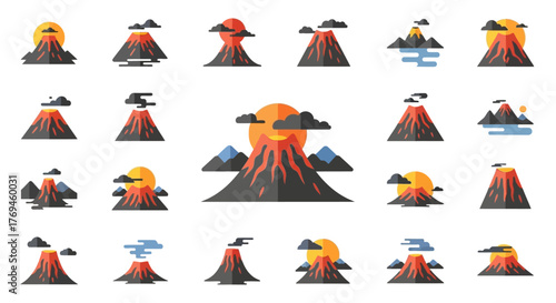 Set of flat design volcano icons with lava and smoke.
