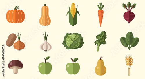 Set of Fresh Autumn Harvest Fruits and Vegetables Icons.