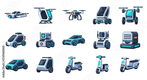 Set of Futuristic Autonomous Transportation and Delivery Vehicles.