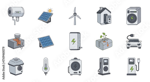 Set of Green Energy and Eco Friendly Technology Icons.