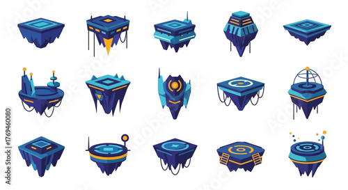 Set of futuristic floating islands and sci-fi platforms.