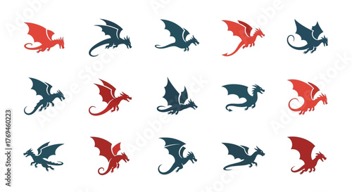 Set of Red and Dark Green Flying Dragon Silhouettes.