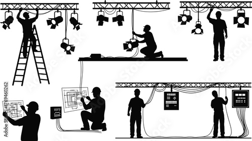 Silhouette vector illustration of workers installing and programming stage lighting with ladders, truss, cables, control panels, teamwork, safety, production, and industry