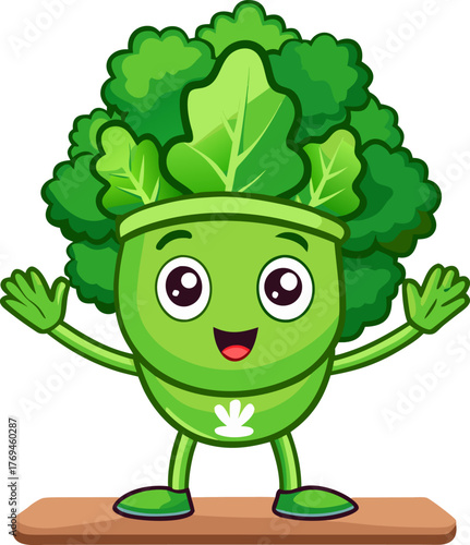 Cute kale mascot doing yoga or workout white background