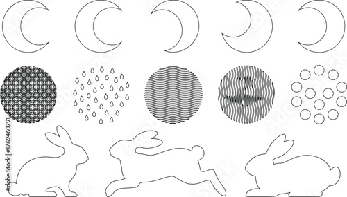Abstract Black and White Illustration Featuring Crescent Moons, Patterned Circles, Raindrops, and Rabbit Silhouettes