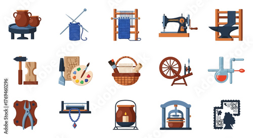 Set of Traditional Handicraft and Artisan Skill Icons.