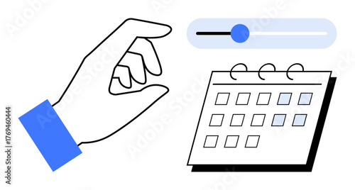 Hand adjusting a slider with a calendar below, symbolizing timing, planning, flexibility, optimization, control, prioritization, and goal setting. Ideal for time management concept simple flat