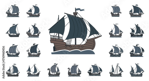 Set of Vintage Sailing Ship and Galleon Illustrations.