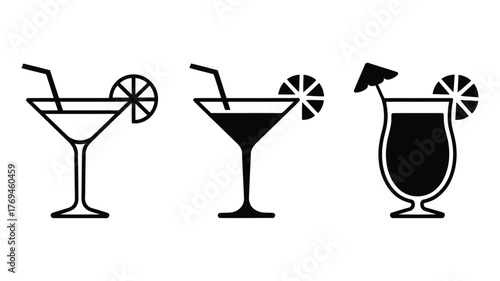 Vector art of Three cocktail glasses, showing a martini, a cosmopolitan, and a hurricane, each garnished with a citrus slice and a straw