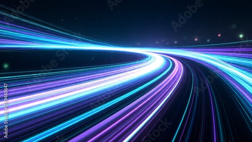 Speed motion abstract light trails on dark background for futuristic tech corporate presentation backdrop with copy space for text, neon blue purple streaks for website hero image or UI mockup