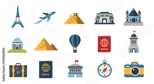 Travel and tourism flat icon set with famous landmarks and vacation essentials.