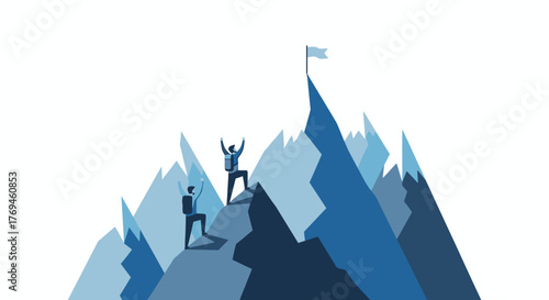Two climbers reaching the summit of a mountain range with a flag.