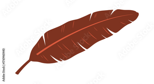 A stylized illustration of a rustic brown feather with a visible central shaft and subtle textural lines, isolated on a white background.