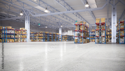 Photos interior of a large warehouse with shelves and goods.