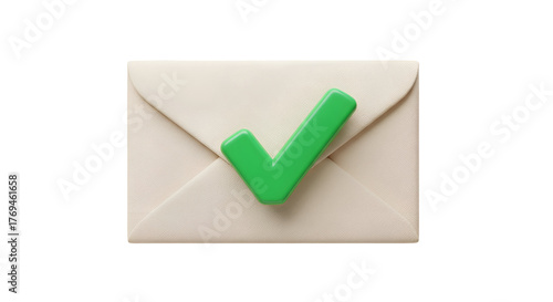 Green checkmark on elegant cream envelope signifies confirmation and success