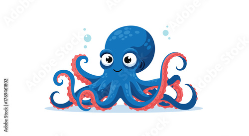 An adorable cartoon blue octopus with a cheerful expression and wide, sparkling eyes happily floats in the water, accompanied by light blue bubbles.