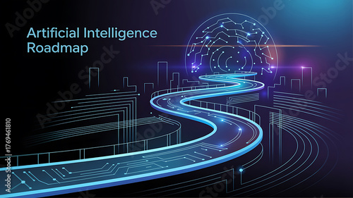 Futuristic artificial intelligence roadmap leading to a digital brain and cityscape